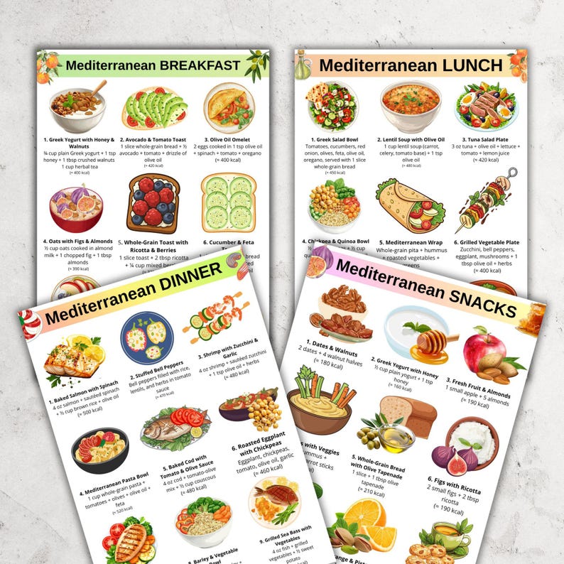 May include: A set of colorful Mediterranean diet food charts. The charts display breakfast, lunch, dinner, and snack options with detailed descriptions of ingredients and calorie counts. The images include various dishes like Greek salad, tuna salad, and grilled vegetables.