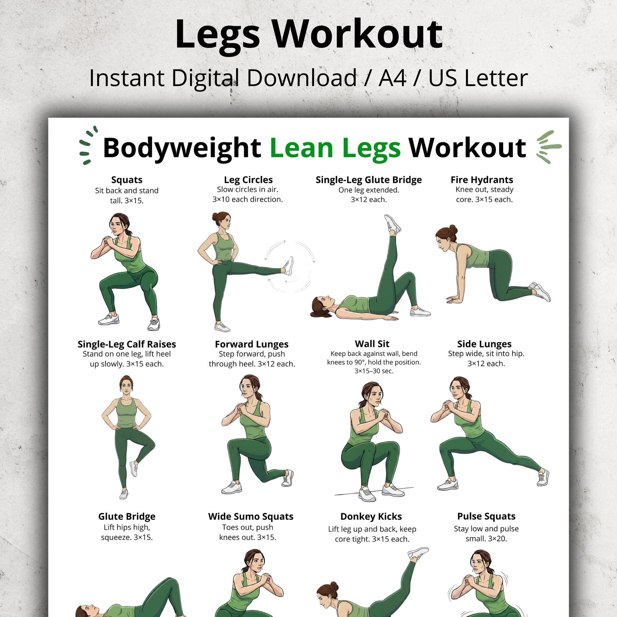 Bodyweight Leg Exercises, Women's Lower Body Workout Chart, at Home Leg ...