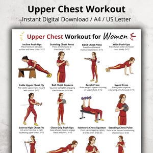 Puede incluir: Una guía de entrenamiento digital titulada "Upper Chest Workout for Women". Presenta ejercicios ilustrados como flexiones inclinadas, press de pecho de pie y press de pecho con banda. La guía está diseñada para descarga instantánea y está disponible en tamaños A4 y US Letter.