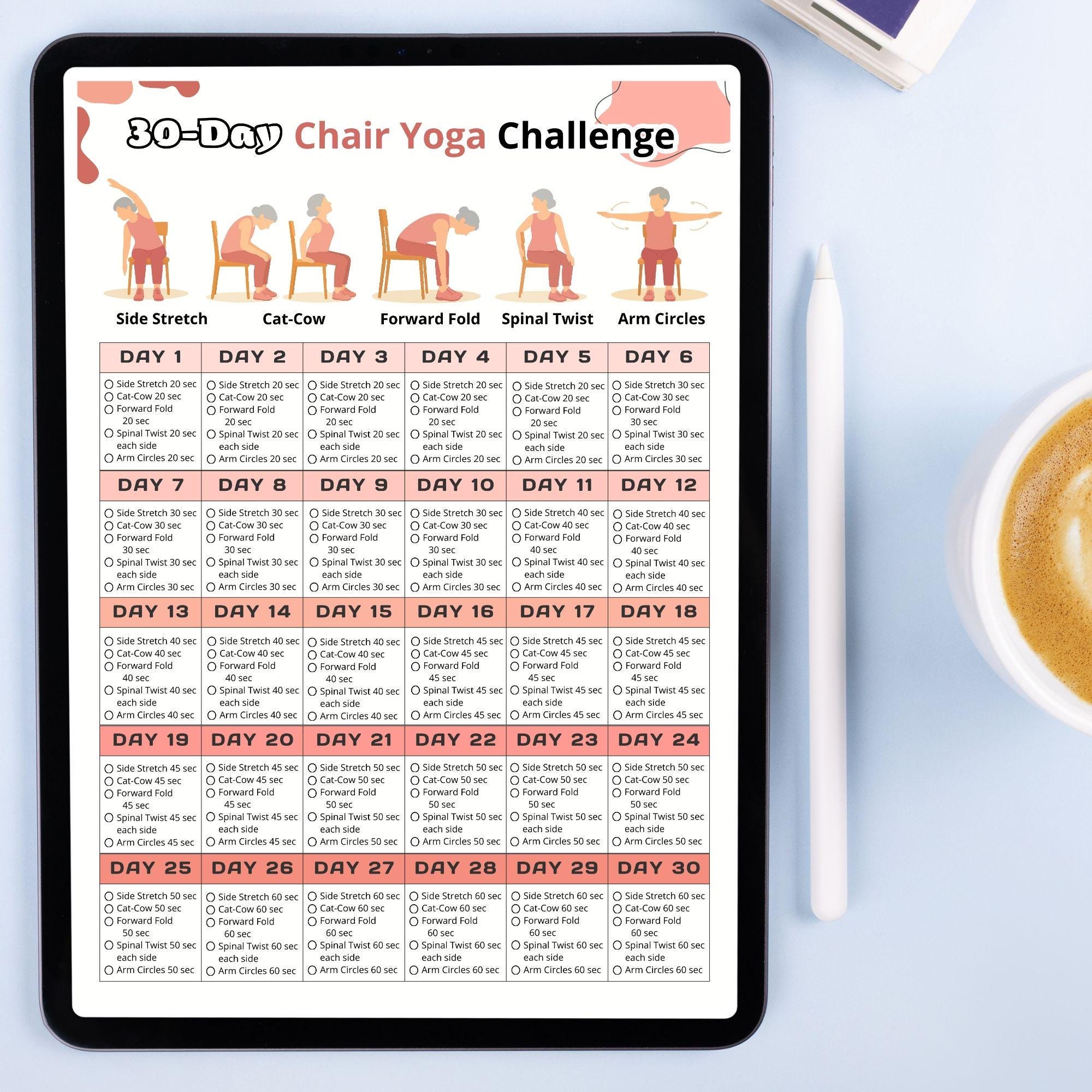30 Day Chair Yoga Challenge – Printable Yoga Poses Chart for Seniors ...