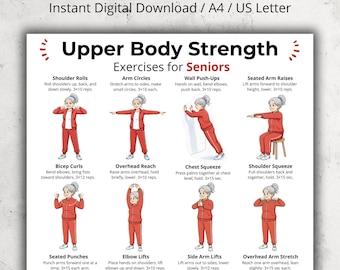 May include: A printable guide titled "Upper Body Exercises for Seniors" with illustrations of various exercises. The exercises include shoulder rolls, arm circles, wall push-ups, and seated arm raises. The guide is designed for instant digital download.