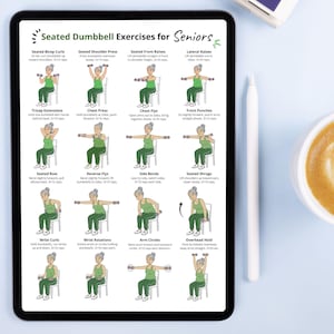 May include: A digital tablet displays a guide titled "Seated Dumbbell Exercises for Seniors." The guide features illustrated exercises with instructions, including bicep curls, shoulder press, front raises, and lateral raises. The tablet is on a light blue surface.