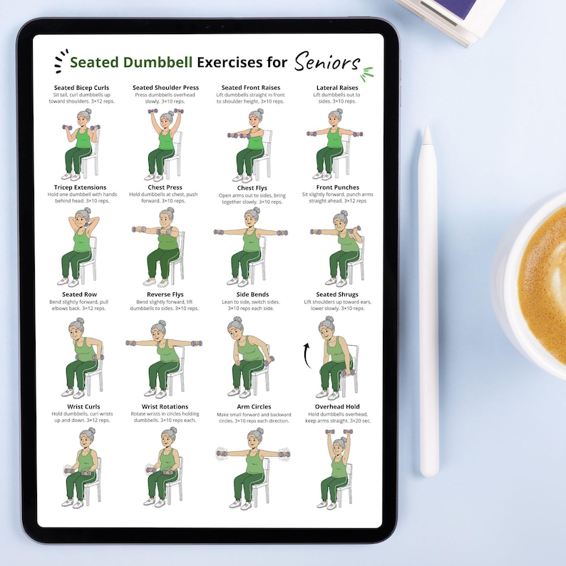 May include: A digital tablet displays a guide titled "Seated Dumbbell Exercises for Seniors." The guide features illustrated exercises with instructions, including bicep curls, shoulder press, front raises, and lateral raises. The tablet is on a light blue surface.