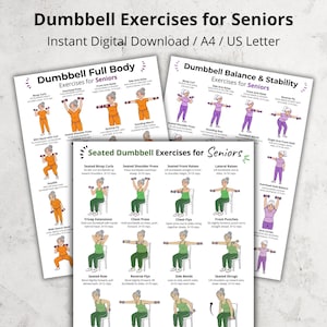 May include: Printable exercise guides for seniors. The guides include illustrations of dumbbell exercises for full body, balance, stability, and seated exercises. The text on the guides reads "Dumbbell Exercises for Seniors" and "Instant Digital Download / A4 / US Letter."