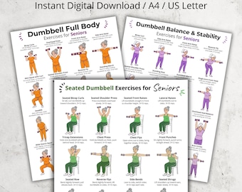 Hantelübungen für Senioren bündeln | Sitzende & Stehende Hantel Workouts PDF Set | Poster mit geringen Auswirkungen auf Gleichgewichtsübungen für ältere Erwachsene