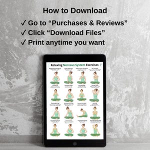 May include: A black tablet displays a guide titled "Relaxing Nervous System Exercises" with illustrations of yoga poses. The tablet is set against a gray textured wall. Above the tablet, text reads "How to Download" with instructions.