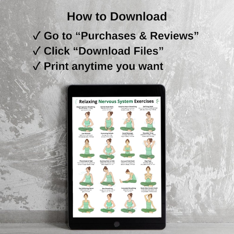 May include: A black tablet displays a guide titled "Relaxing Nervous System Exercises" with illustrations of yoga poses. The tablet is set against a gray textured wall. Above the tablet, text reads "How to Download" with instructions.