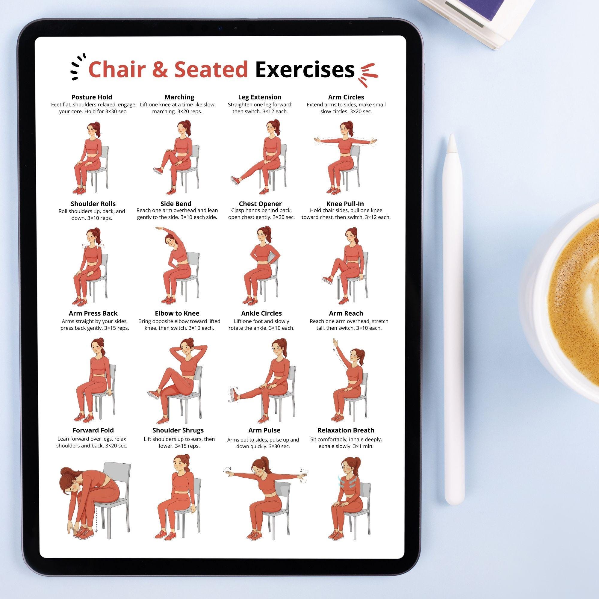 Chair & Seated Exercises Printable | Low Impact Chair Workout Chart for ...