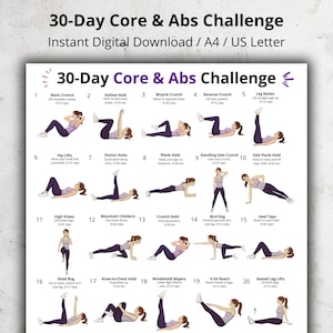 May include: A digital download fitness guide titled "30-Day Core & Abs Challenge" with exercise illustrations. The guide includes exercises like basic crunches, plank hold, and leg raises. The document is formatted for A4 and US Letter sizes.