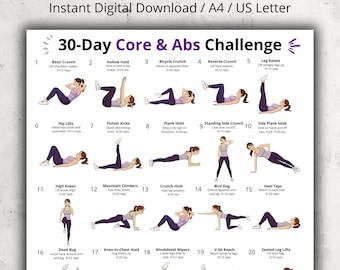 30 Day Core & Abs Challenge Poster, Ab Workout Printable, Core Exercise Wall Art, Fitness Room Decor, Abs and Core Exercises PDF