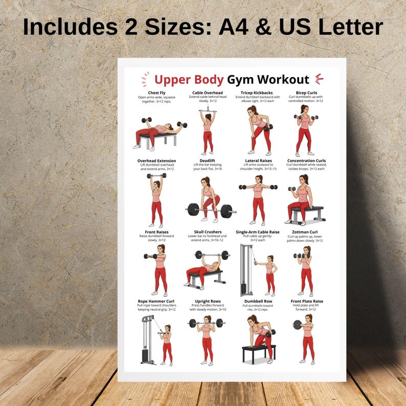 Upper Body Gym Workout Poster, Arms Chest Shoulders Back Exercise Chart ...