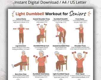 Light Dumbbell Exercises for Seniors Printable Poster, Chair & Seated Dumbbell Exercises Chart, Older Adults Dumbbell Workout at Home PDF