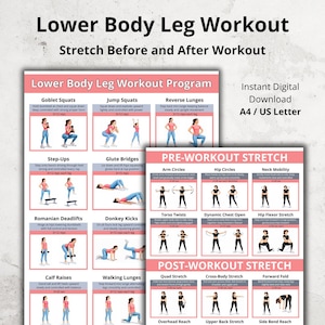 May include: A digital download featuring a lower body leg workout program and pre- and post-workout stretches. The program includes exercises like goblet squats, jump squats, and reverse lunges, with illustrations and instructions.