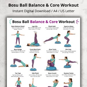 May include: A digital download titled "Bosu Ball Balance & Core Workout" with exercise illustrations. The exercises include Basic Balance Stand, Leg Lifts, Plank Hold, Squat on Bosu, Bosu Bridge, Front-Back Rock, Knee Tucks, Bird Dog, Toe Taps, Side Plank, Bosu Crunch, and Russian Twists.