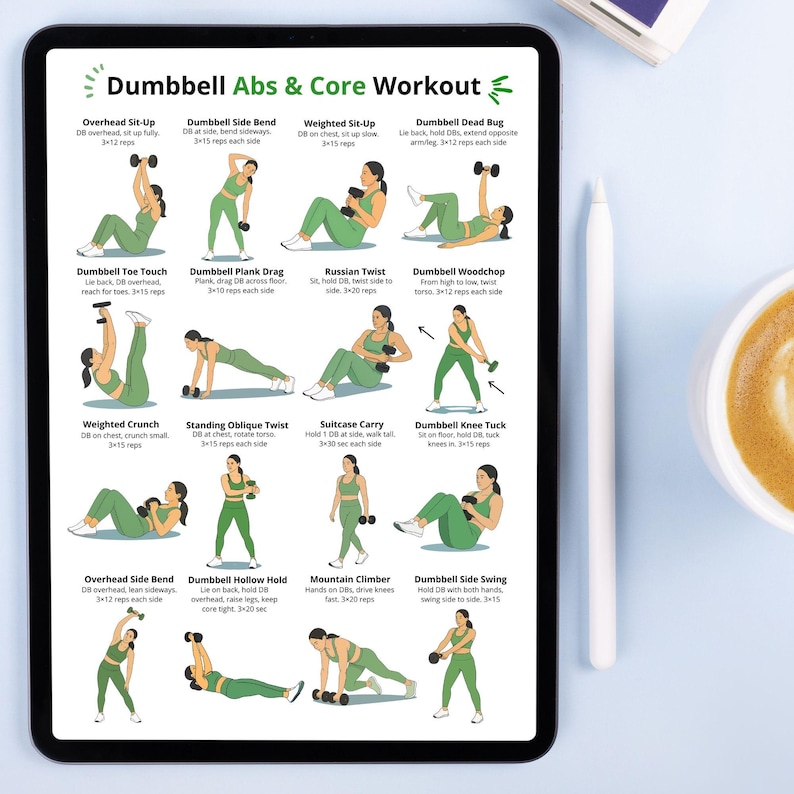 Op de afbeelding: Een digitale tablet toont een "Dumbbell Abs & Core Workout" gids. De groen-witte afbeelding illustreert verschillende oefeningen, waaronder sit-ups, zijwaartse buigingen en twists, met instructies. Een witte stylus en een kopje koffie zijn zichtbaar.
