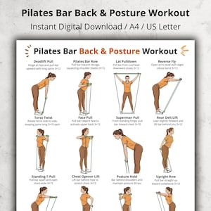 Puede incluir: Una guía digital de entrenamiento de Pilates titulada "Pilates Bar Back & Posture Workout". La guía incluye ejercicios ilustrados como Deadlift Pull, Pilates Bar Row, Lat Pulldown y Reverse Fly. Los ejercicios están diseñados para mejorar la postura y fortalecer la espalda.