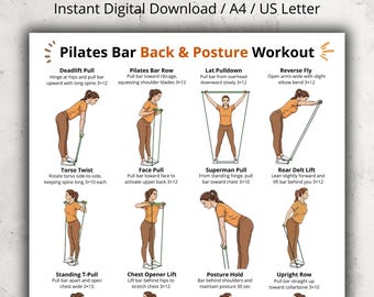 Pilates Bar Back & Posture Workout, Pilates Bar Exercise Chart, Home Pilates Bar Poster PDF, Upper Back and Posture Gym Workout Wall Art
