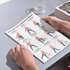 May include: A printed sheet titled "Balance & Stability Exercises for Seniors" with illustrations of various exercises. The exercises include sit-to-stand, side steps, marching in place, clock reach, single-leg stand, side leg raises, back leg raises, tandem walk, and heel raises.