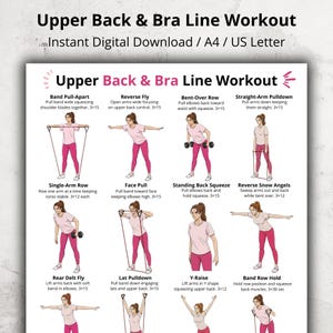 May include: A digital workout guide titled "Upper Back & Bra Line Workout" with illustrations of exercises. The guide includes exercises like Band Pull-Apart, Reverse Fly, Bent-Over Row, and Straight-Arm Pulldown. The text is in black and pink.
