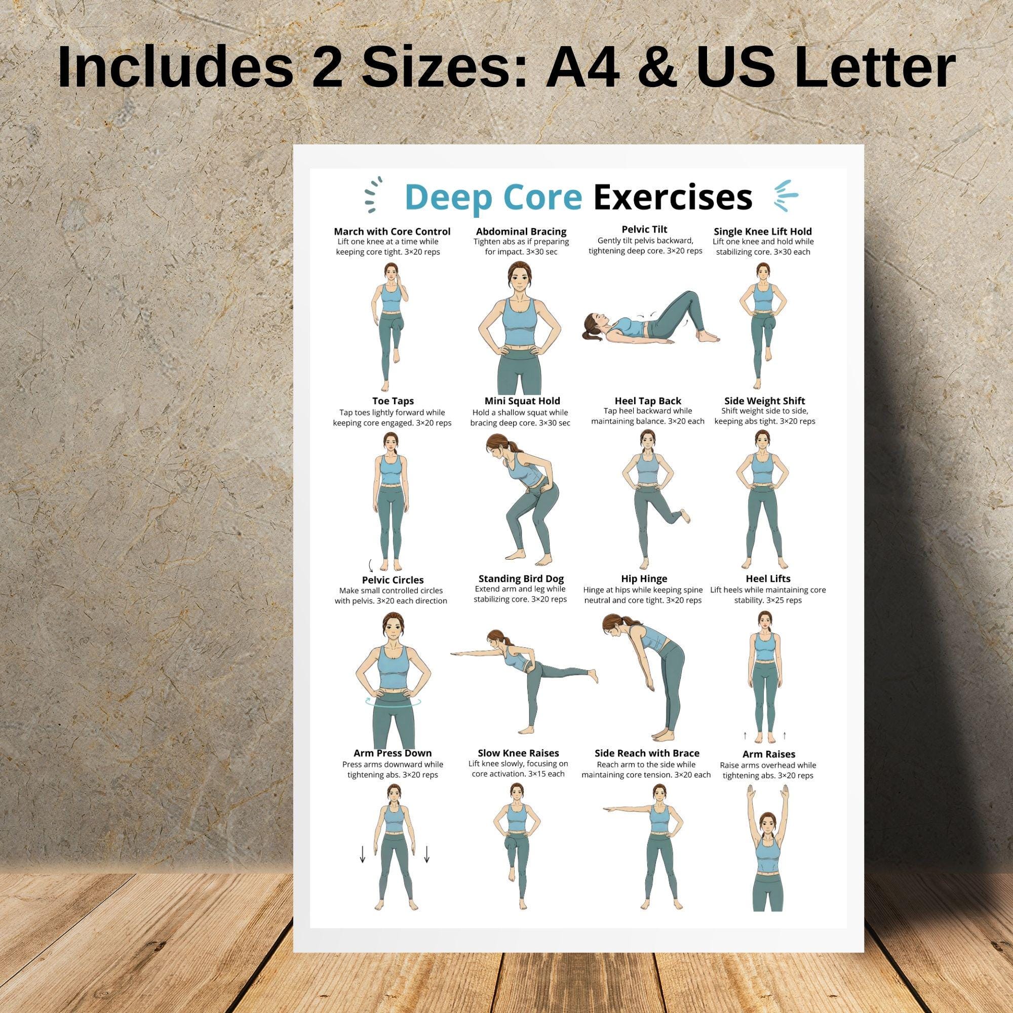 Deep Core Exercises Printable, Core and Ab Exercises at Home, Standing ...