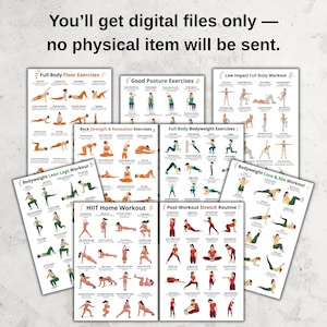 May include: A collection of printable workout guides featuring various exercises. The guides include titles such as "Full Body Floor Exercises," "Good Posture Exercises," and "HIIT Home Workout." The text at the top reads, "You'll get digital files only - no physical item will be sent."