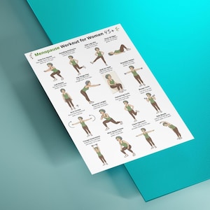 Puede incluir: Una gu&iacute;a de ejercicios impresa en blanco titulada "Menopause Workout for Women 45+". La gu&iacute;a presenta ejercicios ilustrados con instrucciones. Los ejercicios incluyen sentadillas, elevaciones laterales de piernas y elevaciones de hombros. La gu&iacute;a est&aacute; sobre una superficie turquesa.