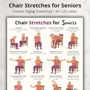 Pode incluir: Um guia imprimível intitulado "Alongamentos na Cadeira para Idosos" com ilustrações demonstrando vários exercícios sentados. Os exercícios incluem inclinações de cabeça, alongamentos de braços e torções de tronco. O guia é um download digital instantâneo.