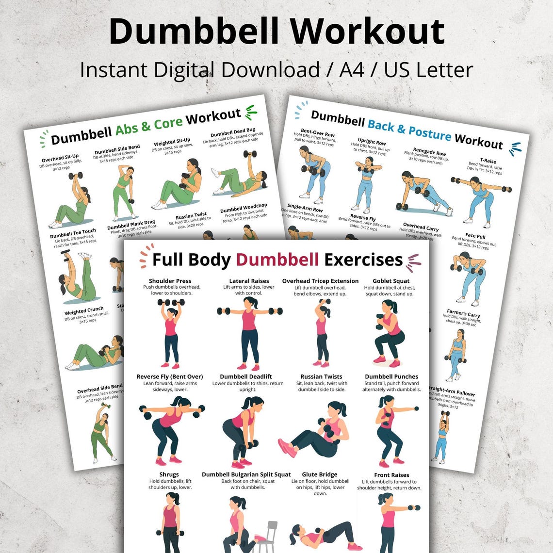Dumbbell Workout Poster Set Printable, Full Body, Abs & Core, Back and ...