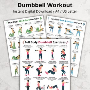 Puede incluir: Descarga digital con tres guías de entrenamiento con mancuernas: "Dumbbell Abs & Core Workout", "Dumbbell Back & Posture Workout" y "Full Body Dumbbell Exercises". Las guías ilustran ejercicios con mancuernas, como abdominales, giros rusos y sentadillas goblet. Diseñado para tamaños A4 y US Letter.