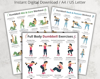 Dumbbell Workout Poster Set Printable, Full Body, Abs & Core, Back and Posture Workout Charts for Home Gym Art, Dumbbell Exercises Bundle