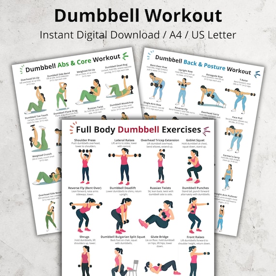 Dumbbell Workout Poster Set Printable, Full Body, Abs & Core, Back and Posture Workout Charts for Home Gym Art, Dumbbell Exercises Bundle