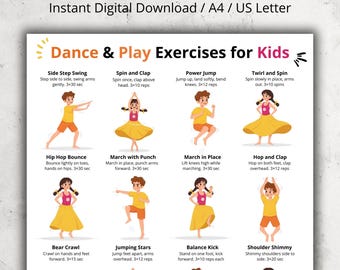 Dance & Play Exercises for Kids Printable - Kids Movement Poster, Brain Break Indoor Recess PDF Poster, Preschool and Kindergarten PE Chart