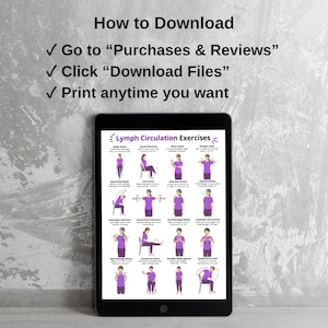 K&ouml;nnte beinhalten: Ein schwarzes Tablet zeigt eine Anleitung f&uuml;r Lymphzirkulations&uuml;bungen. Der Leitfaden enth&auml;lt Illustrationen verschiedener &Uuml;bungen in lila Kleidung. &Uuml;ber dem Tablet steht der Text "How to Download" mit Anweisungen zum Zugriff und Drucken der Dateien.