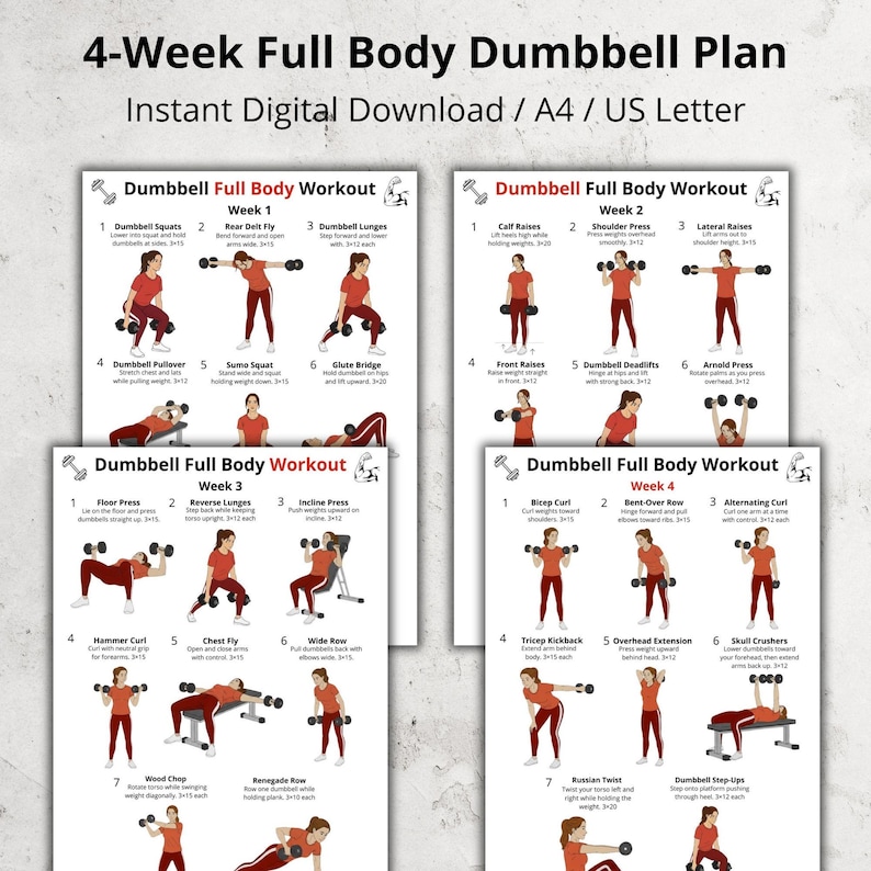 Home Workout Plan.pdf 4-week Dumbbell Workout Challenge, Full Body Exercise (PDF Printable ...