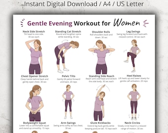 Gentle Evening Workout for Women, Low Impact Standing Workout, Full Body Exercises for Beginners, Home Fitness Printable PDF Poster