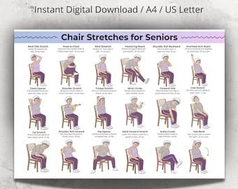 Chair Stretches for Seniors Poster, Seated Stretching Exercise Chart,Neck Back Shoulders Legs Chair Stretches Printable Wall Art for Elderly