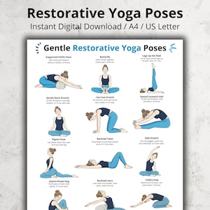 Peut inclure: Une impression numérique intitulée "Restorative Yoga Poses" avec des illustrations de diverses postures de yoga. Les poses incluent la posture de l'enfant soutenue, le papillon, les jambes contre le mur, et d'autres. L'impression est disponible en téléchargement numérique instantané.
