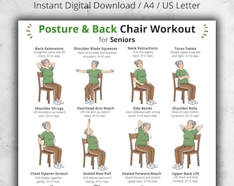 Posture & Back Chair Exercises for Seniors, Seated Back Workout, Gentle Chair Movements for Older Adults, Senior Posture Printable Poster