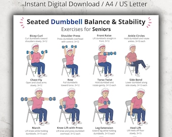 Könnte beinhalten: Ein digitaler Download mit dem Titel "Sitzende Hantelübungen für Senioren" mit Illustrationen von Übungen. Die Übungen umfassen Bizepscurls, Schulterdrücken, Frontheben, Fußkreisen, Brustfliegen, Rudern, Rumpfbeugen usw.