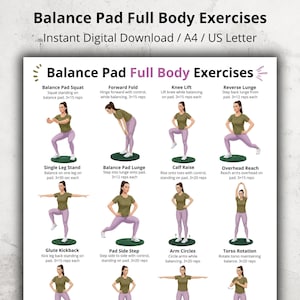 Puede incluir: Una descarga digital que presenta ejercicios con almohadilla de equilibrio. La guía incluye ilustraciones e instrucciones para ejercicios como sentadillas, zancadas y círculos de brazos. El texto dice "Balance Pad Full Body Exercises".