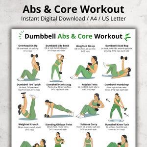 Puede incluir: Una guía de entrenamiento digital titulada "Abs & Core Workout" con ilustraciones de ejercicios con mancuernas. Los ejercicios incluyen Overhead Sit-Up, Dumbbell Side Bend, Weighted Sit-Up, etc. Descarga digital instantánea.