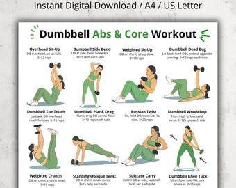 Dumbbell Abs & Core Workout Poster | Beginner Ab and Core Exercises Chart | Dumbbell Ab Workout at Home, Home Gym Printable Digital Download