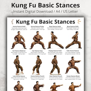 May include: A digital print titled "Kung Fu Basic Stances" in black text. The print features illustrations of various Kung Fu stances, including Horse Stance Hold, Bow Stance, and Cat Stance. The print is designed for instant digital download and is available in A4 and US Letter sizes.