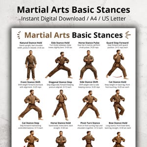PDF stampabile con le posizioni base delle arti marziali, tabella delle posizioni di Karate, Kung Fu e Taekwondo, poster con esercizi per principianti di arti marziali.