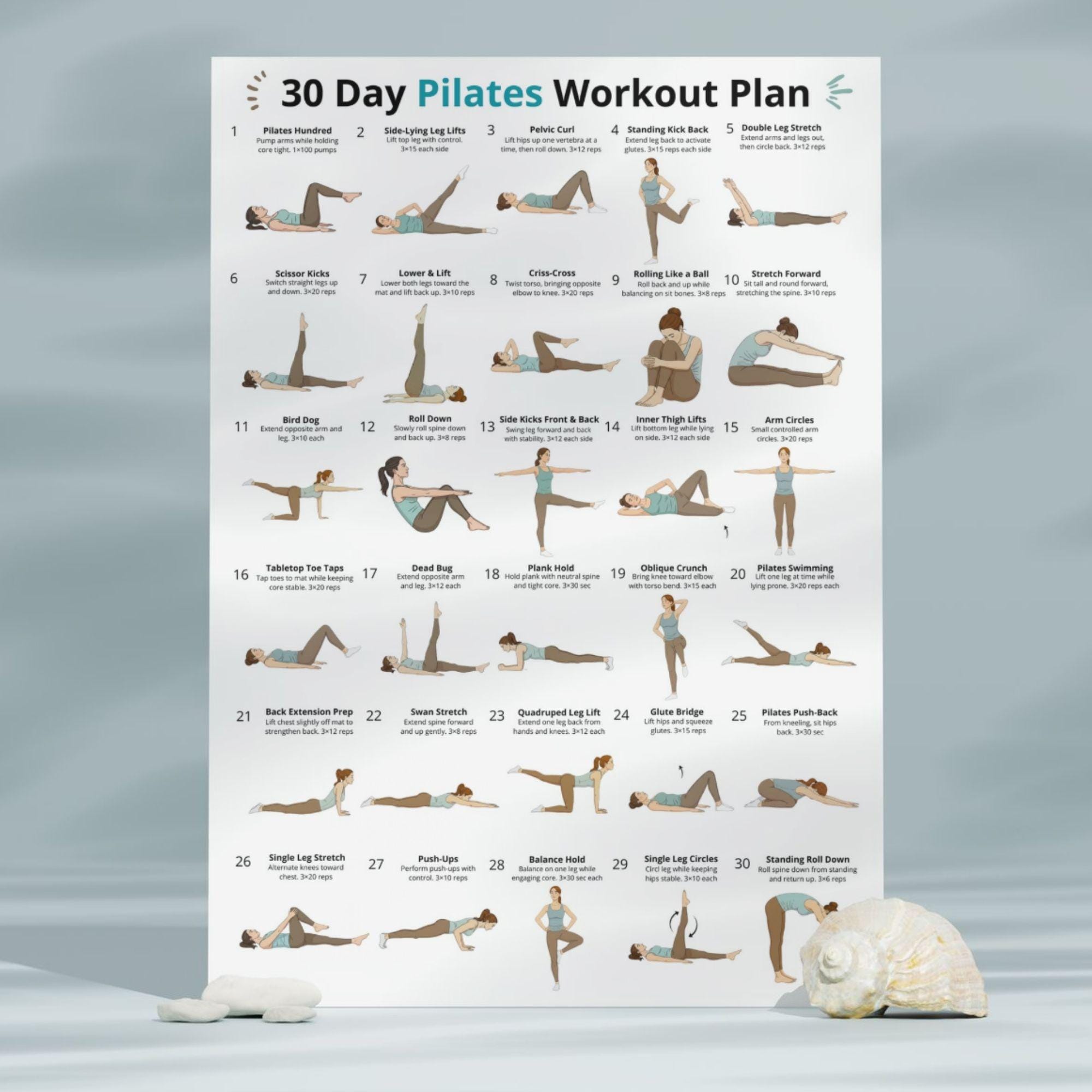 30 Day Pilates Workout Plan Printable, Daily Pilates Exercises at Home ...
