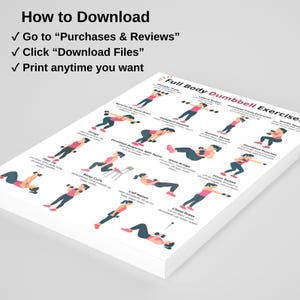 Op de afbeelding: Een witte gedrukte oefenkaart met de titel "Full Body Dumbbell Exercises". De kaart bevat illustraties van verschillende dumbbell-oefeningen, waaronder biceps curls, kuitverhogingen en borstpers. Bovenin staat de tekst "How to Download."
