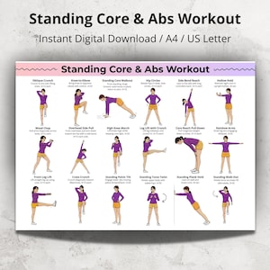 Può includere: Una stampa digitale intitolata "Standing Core & Abs Workout" con illustrazioni di esercizi. Il poster include vari esercizi come crunch obliqui, ginocchio-gomito e camminate centrali in piedi. È visibile anche il testo "Instant Digital Download / A4 / US Letter".