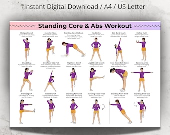 Standing Core & Abs Workout Poster, Standing Abdominal and Oblique Exercises Printable, No Floor Core Exercises,Home Small Space Workout PDF