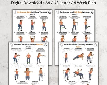 Resistance Band Full Body Workout Poster, 4 Week Band Exercise Chart Challenge, Beginner Home Gym Resistance Band Exercises PDF Wall Art