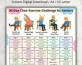Puede incluir: Un desafío de ejercicios en silla de 30 días para personas mayores, con ilustraciones de ejercicios como extensiones de piernas y flexiones de bíceps. El gráfico está diseñado para descarga digital instantánea, formato A4 y US Letter.